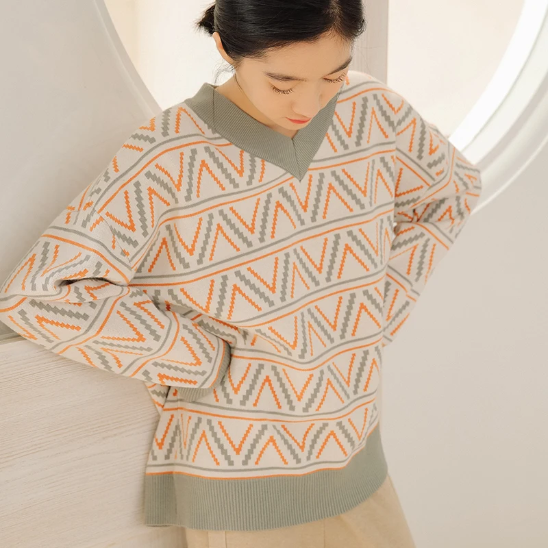 

Korejepo Women Sweater 2021 Early Autumn Retro Color Matching Fairy V-neck All-match Chic College Thick Knitted Sweater Female