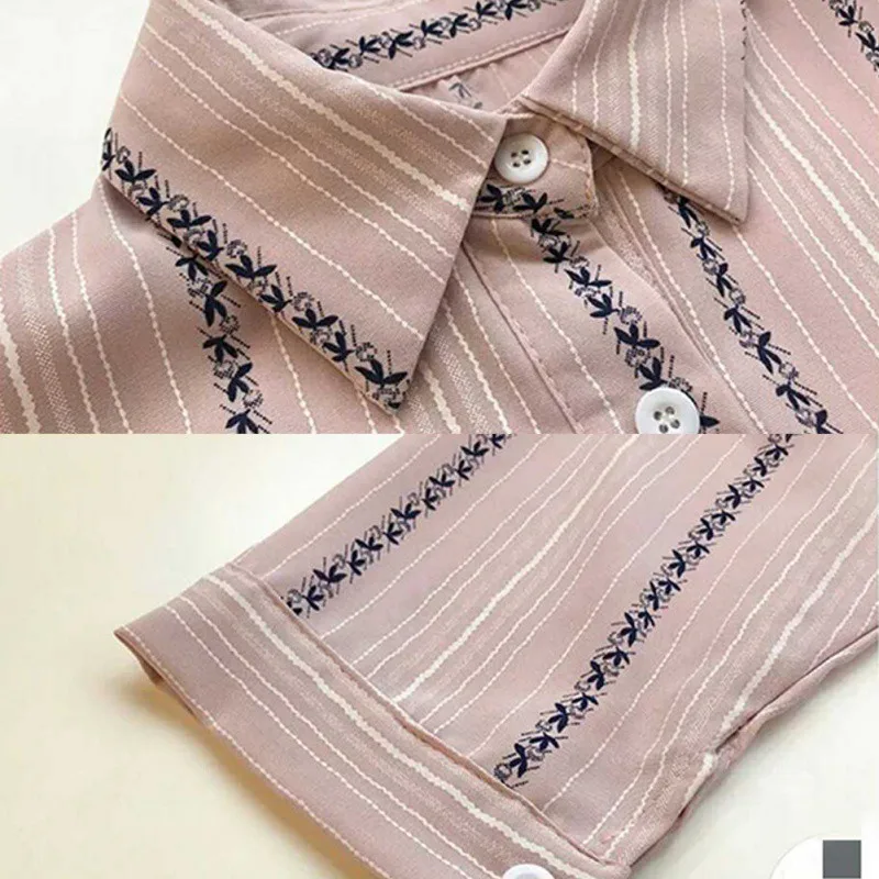 

Women Blouses Sweet Striped Shirts Polo Lapel Collar Three Quarter Sleeve Tops Solid Color Single Buckle Blouse Autumn Shirt