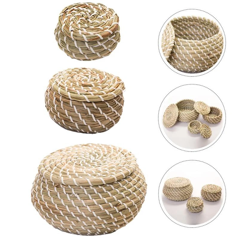 1 Pcs Straw Hand Woven Storage Baskets Wicker Basket with Lid Home Organization | Дом и сад