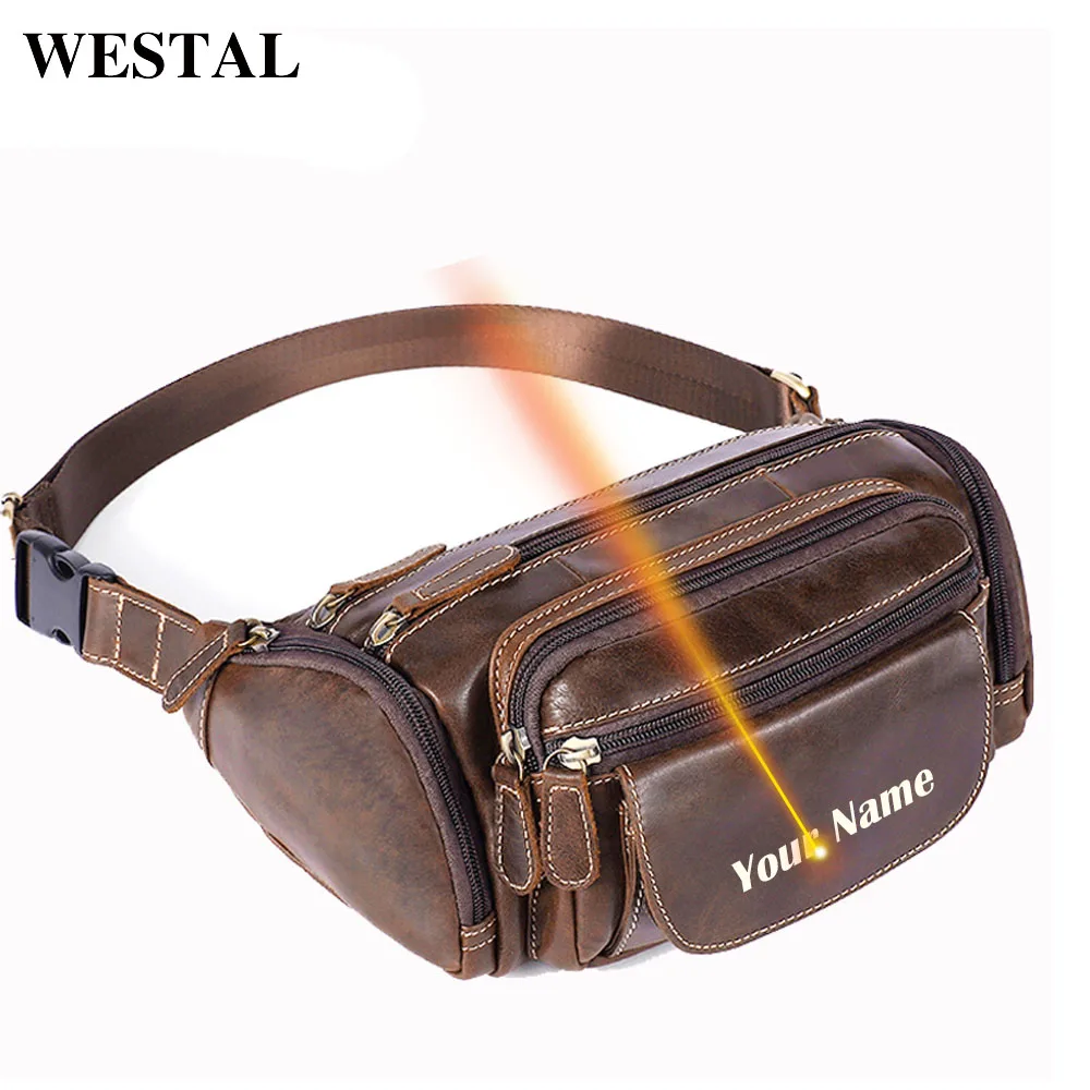 WESTAL Laser Engrave Мужская поясная сумка ремень для мужчин Кожаная денег дорожная на