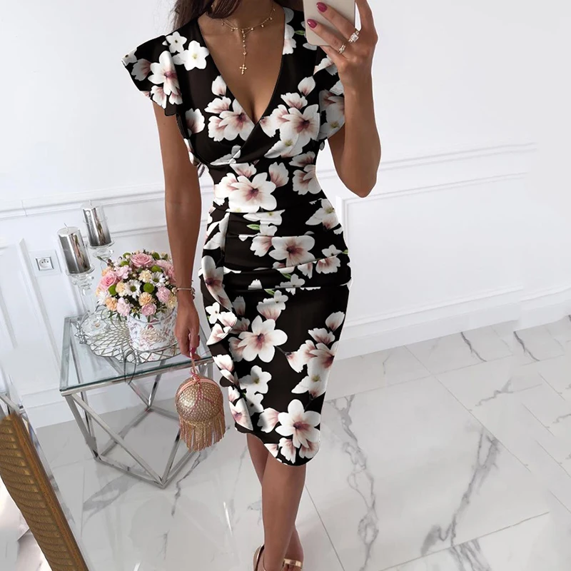 

Summer Women Deep V-Neck Slim Patchwork Mini Dress Solid Butterfly Sleeve Sheath Ladies Dress Fashion Elegant Streetwear Vestido