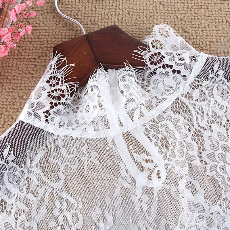 

Korean Ladies Decorative Black White Fake Collar Sheer Hollow Out Floral Lace High Neck Ruffles Detachable Pullover Crop