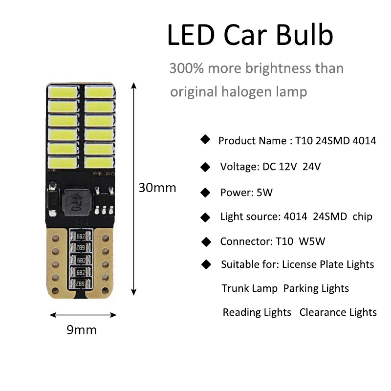 10 шт. Автомобильные светодиодные лампы T10 w5w CANBUS 4014 24smd 6000K | Автомобили и мотоциклы