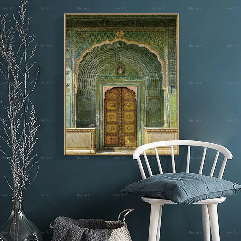 Постер HD в скандинавском стиле Картина на холсте с зеленой дверью большой размер