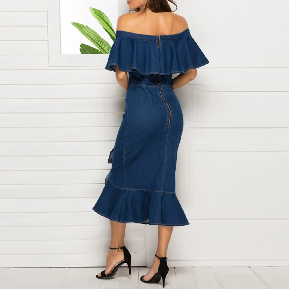 2020 Синее джинсовое платье женское летнее сексуальное ElegantRuffle с открытыми плечами