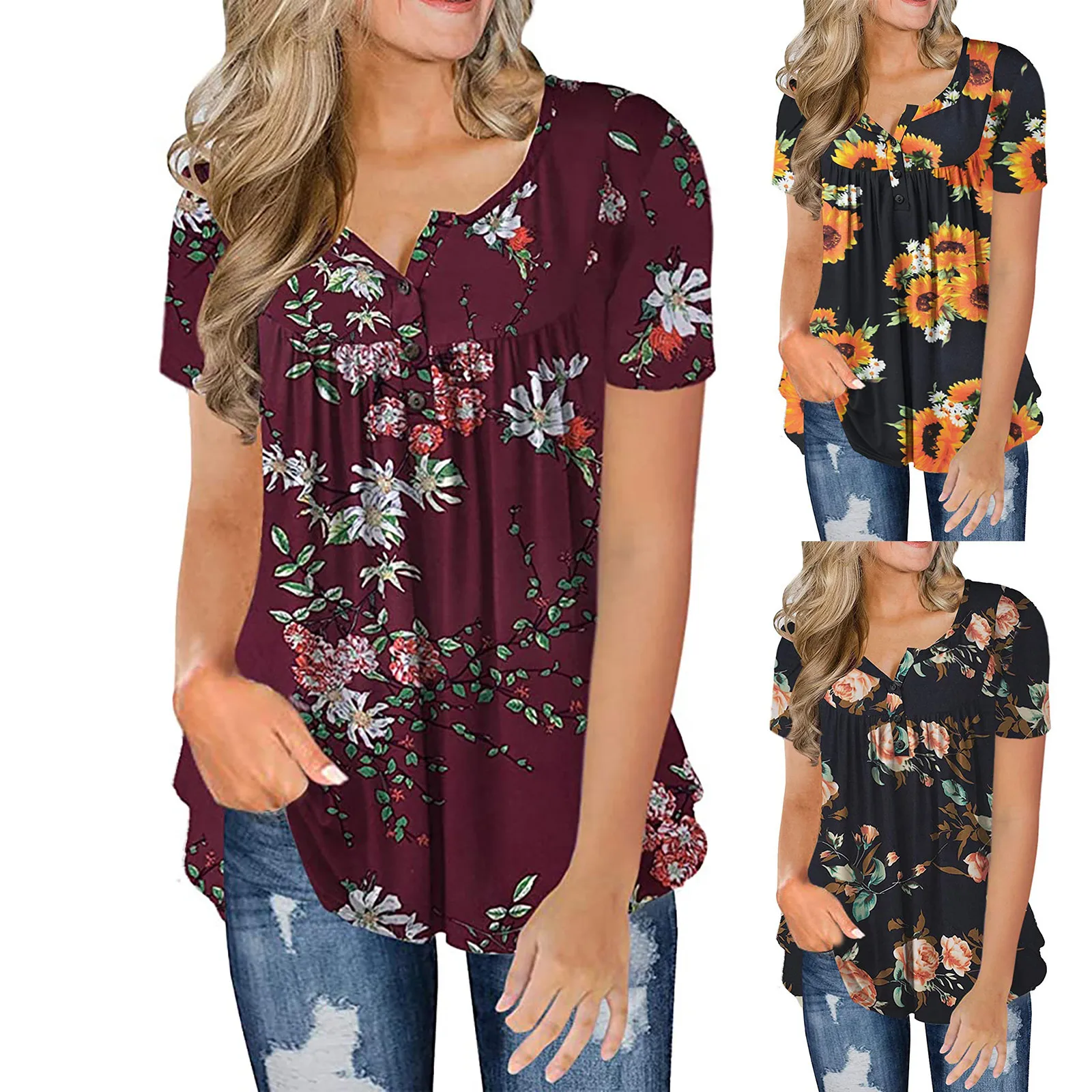 

Женская футболка на пуговицах, Повседневная футболка с коротким рукавом и V-образным вырезом, Новая летняя женская одежда 2021