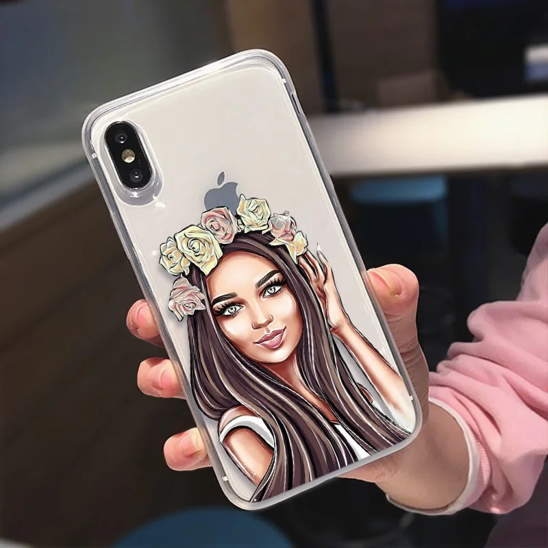 

Fashion Instagram Beautiful Brown Curls Grily Female Phone Case For iPhone 6 6S 7 8 Plus X XS XR Cases Blonde Sexy Grils Cover