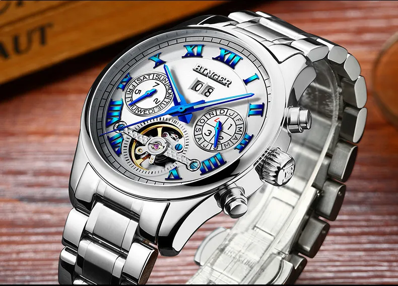 Швейцарские Бингер мужские часы люксовый бренд Tourbillon сапфир светящиеся несколько функций механические наручные часы B8602-7