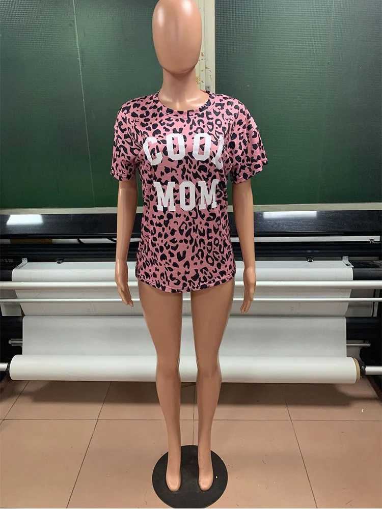

2021spring summer hot sale leopard print round neck drop shoulder short sleeve loose pullover bottoming shirt women's top T-shir