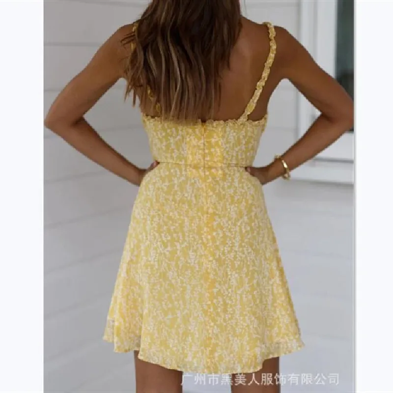 

2020 Summer Sexy Women Backless Mini Dress Casual V-neck Print Slim Spaghetti Straps Dress