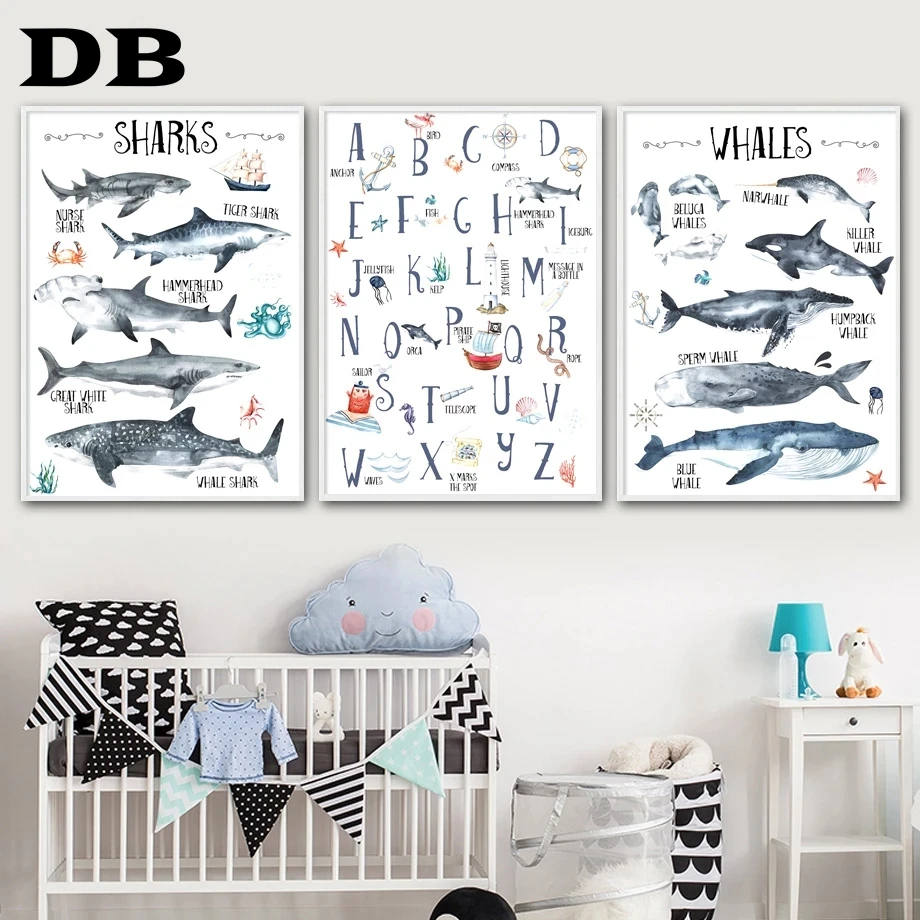 

Shark whale Alphabet Marine life Nursery Wall Art Canvas Painting Posters And Prints Wall Pictures For Baby Girl Boy Room Decor
