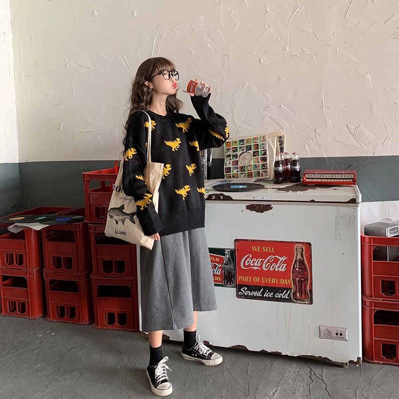 Женский пуловер с милым динозавром черного и фиолетового цвета свитер 2020 женский