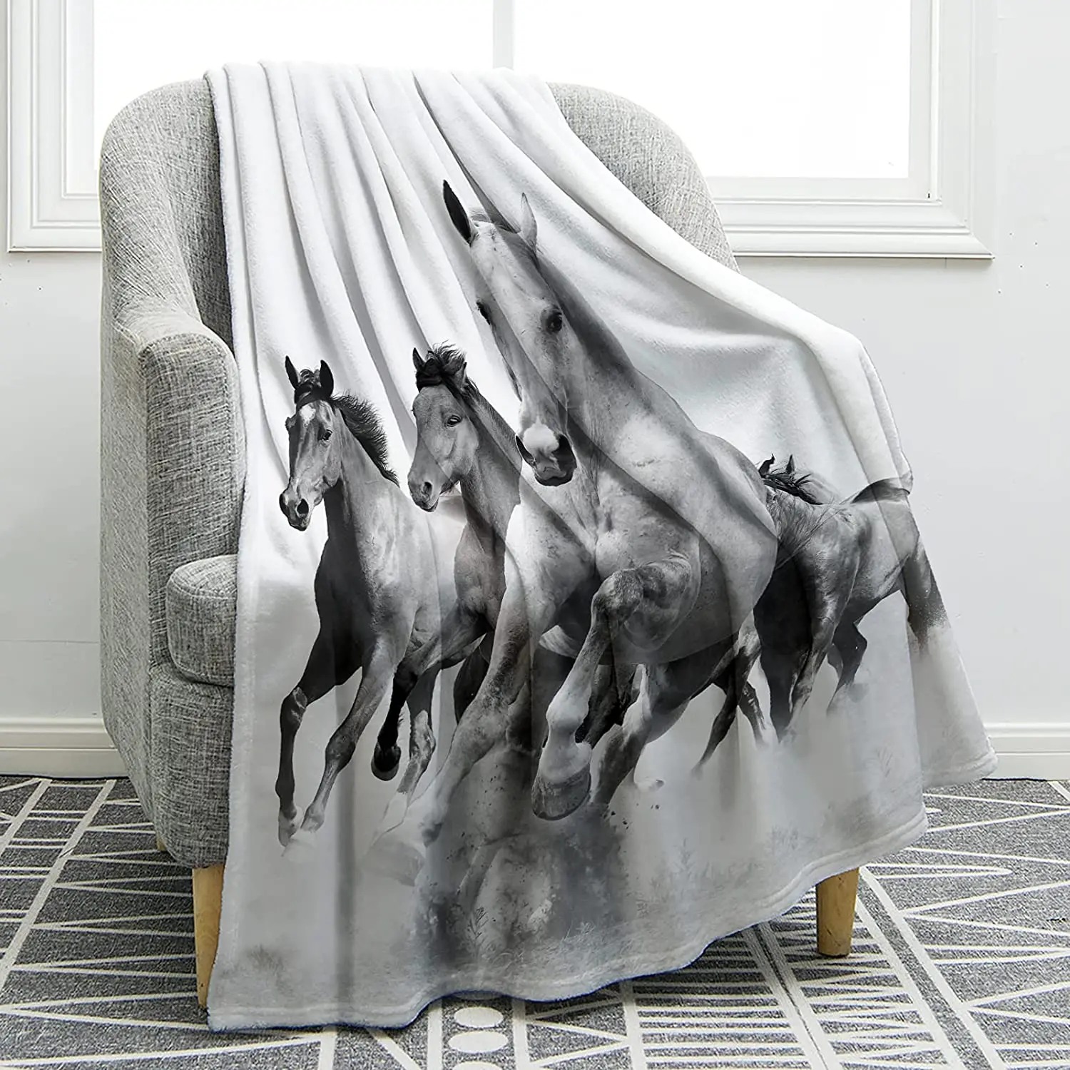 

Horse Flower Blanket Cozy Soft Comfort Blanket Horses Running in Dust Print Throw Blanket for Living Room Bedroom for Kids Boy