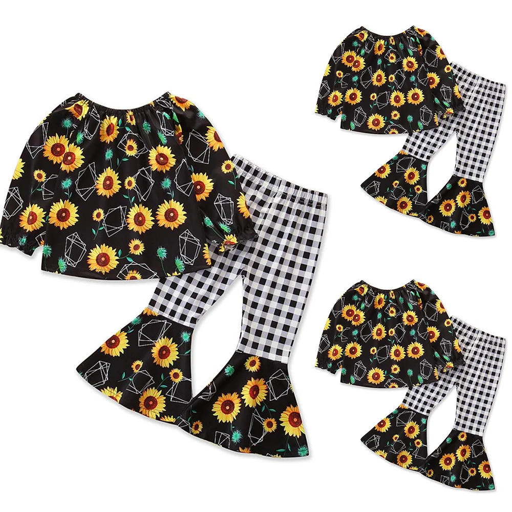 

Kids Girls Long Sleeve Floral Shirt Long Bell Check Long Pant Trouser Outfit Set