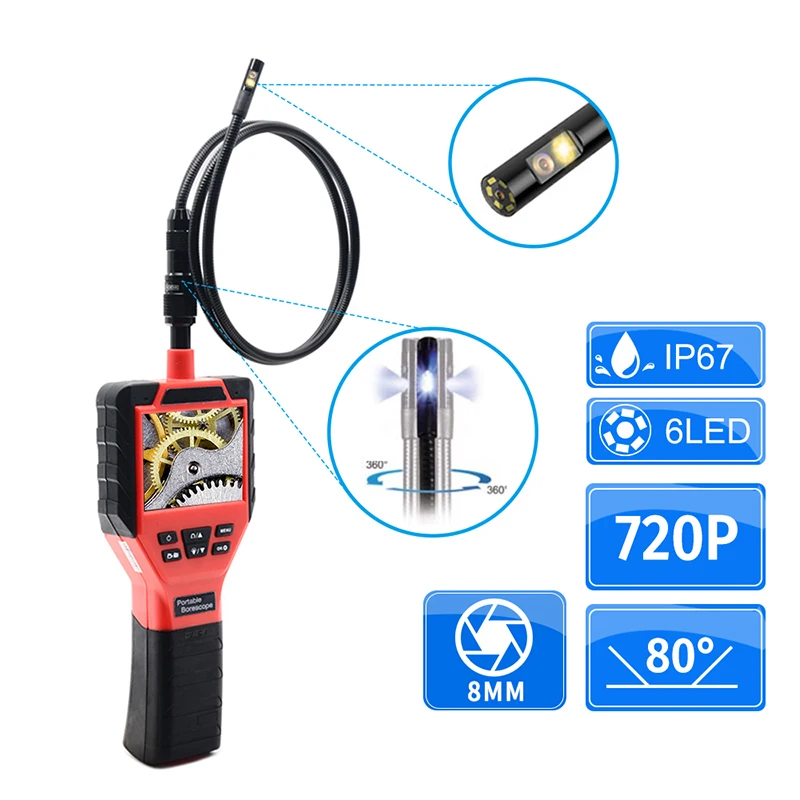 

8.5MM Dual Camera Industrial Endoscope 360° Roate Borescope Inspection Snake Camera with 3.5 inch IPS Screen Digital Cameras