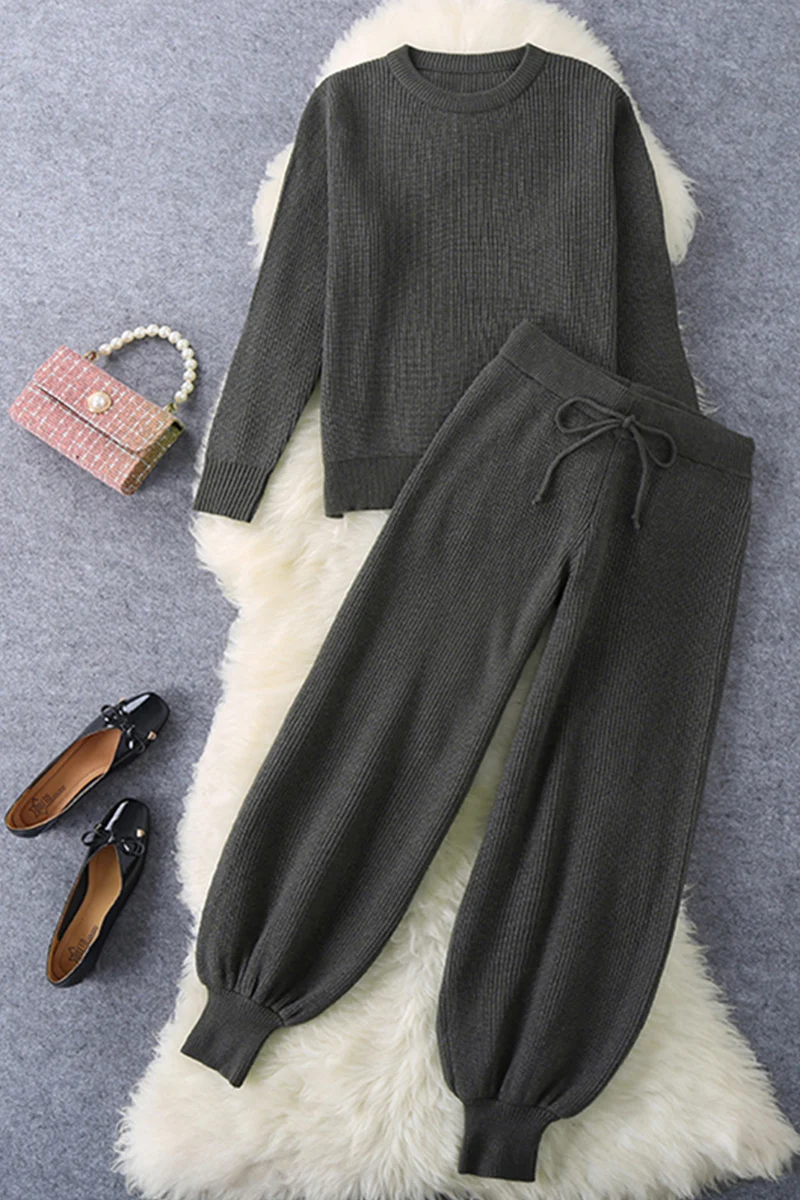 

2020 Time-limited O-neck Drawstring Full New Women's Knit Suit Round Neck Sweater And Lantern Pants 2 Pieces Casual Fashion