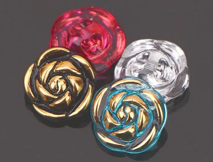 10pcs Crystal Buttons Candy Color Gold Edge Clear Rose Flower Acrylic Buttons for Decoration Handmade Craft Sewing Accessories