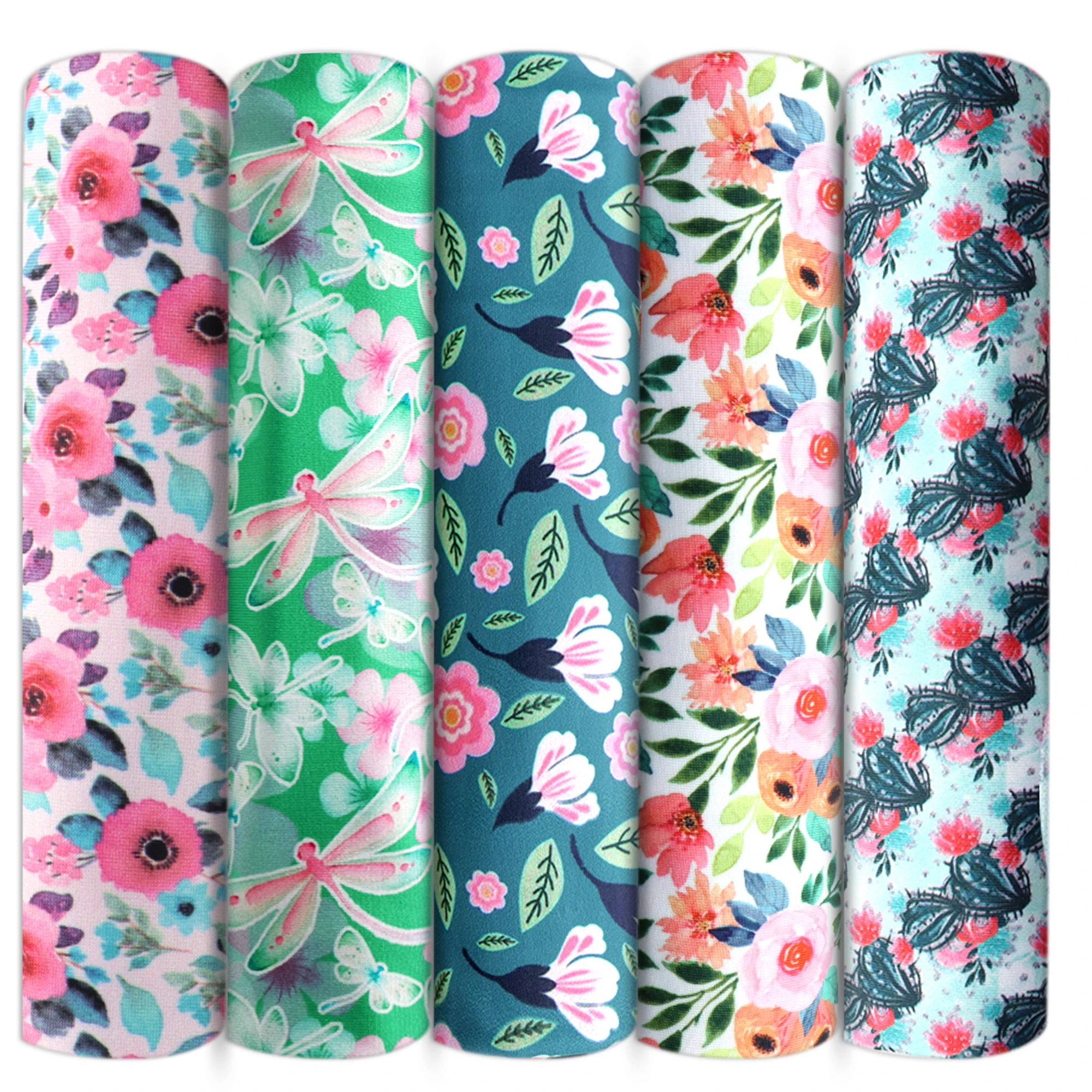 Стрейчевая трикотажная ткань в стиле пэчворк с листьями подсолнуха и перьями 4