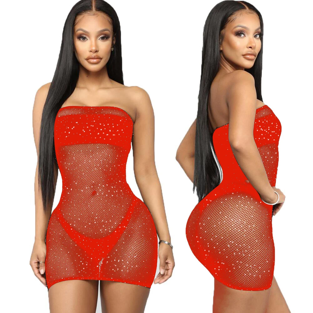 

Women's Sexy Mesh Erotic Mini Dress Hot Fix Rhinestone Solid Color Perspective Costume Hollow Out Dresses
