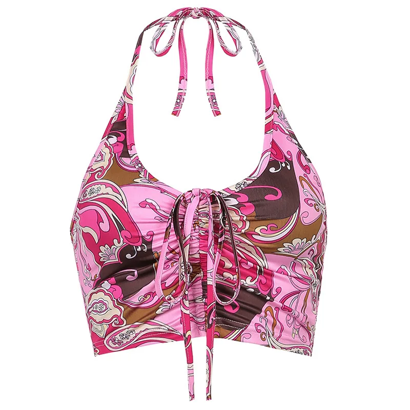 

Fashion Y2K Nine Points Drawstring Top Ladies Deep V Neck Halter Printed Vest Camis 2021 Lace-up Beach Party Sexy Camisole Top