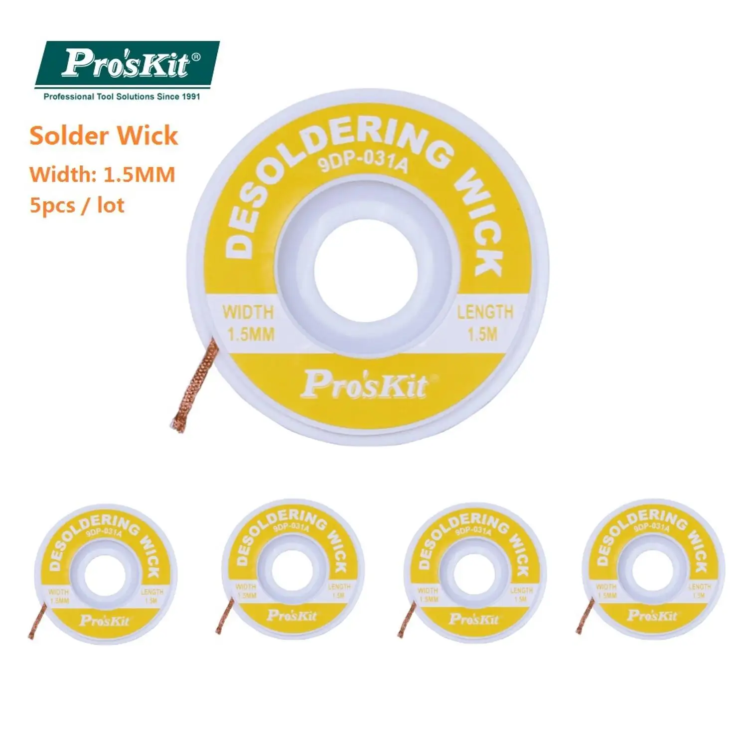 031A 5pcs Фитиль для распайки с оплеткой для удаления припоя, вакуумный присоска для отпайки, инструмент для отпайки Proskit BGA, фитиль для припоя 1,5 мм 2 мм 2,5 мм - Цвет: 031A 5pcs