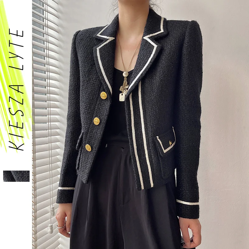 

Luxury Designer Women Black Tweed Jackets 2023 Spring New Arrival Golden Buttons Short Coat Elegant Office Lady Outwear