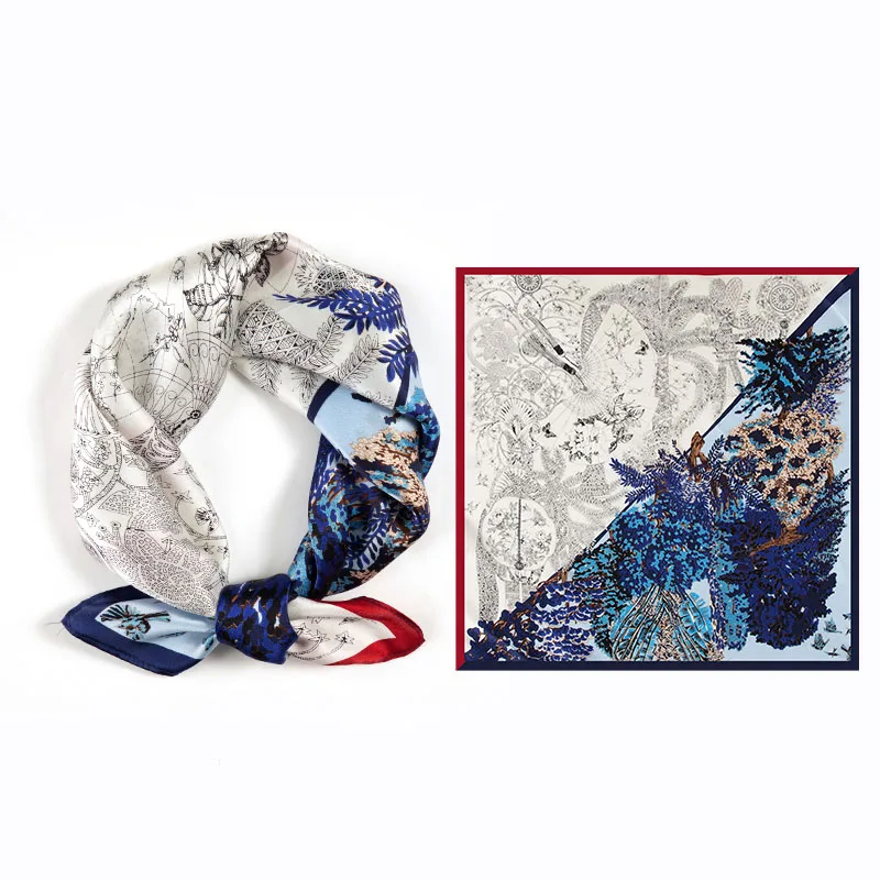 

100% Silk Autumn Women's Neck Square Scarf Printed Designer Luxury Hair Scarves Office Female Pocket Decoration Headwear 53x53cm