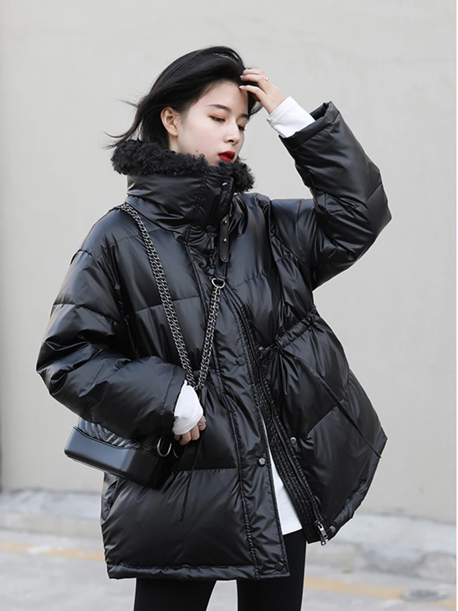 

90 Down Jacket Female Winter Warm Lambwool Collar Thick Parka Women's White Duck Down Coat Winter Snow Outwear Loose