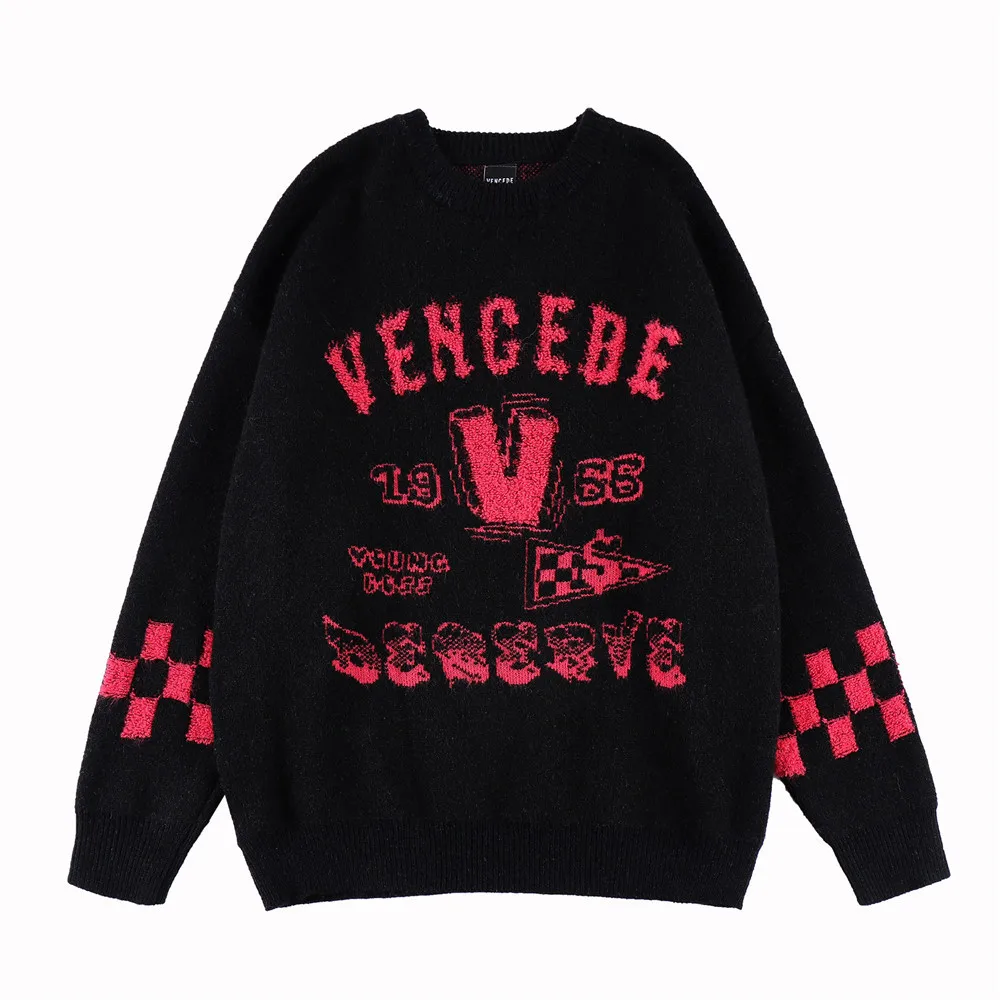 

Korean Fashion Towel Embroidery Harajuku Men Hip Hop Knitted Sweater Black Loose Knitwear Women Kpop Pullovers Sueter Masculino