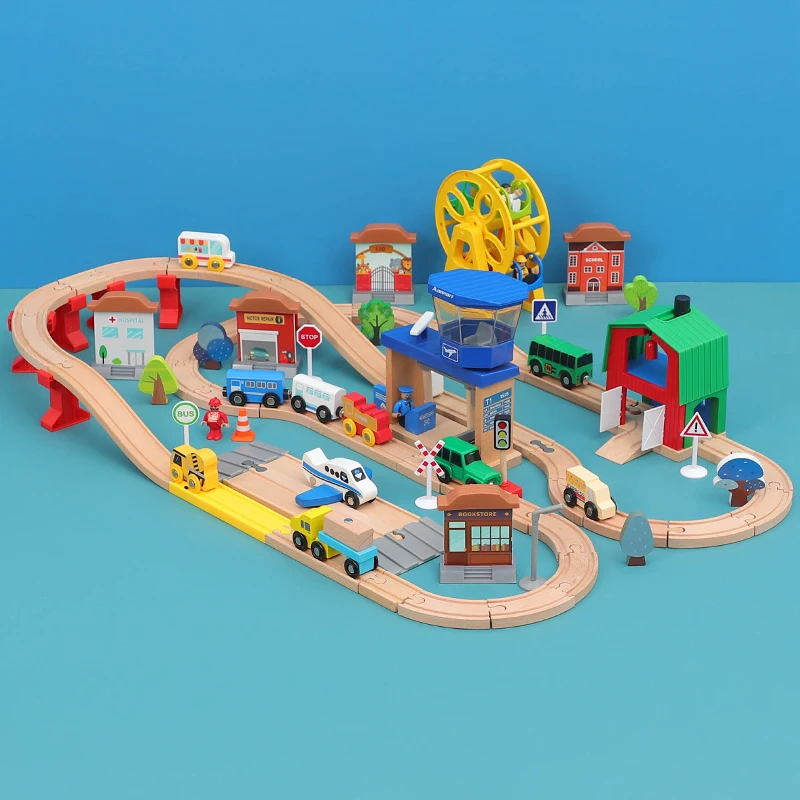 

Wooden Rail Car Set Wooden Railway Toy Airport Ferris Wheel Children's Educational Assembly Boy Toy Educational Birthday Gifts