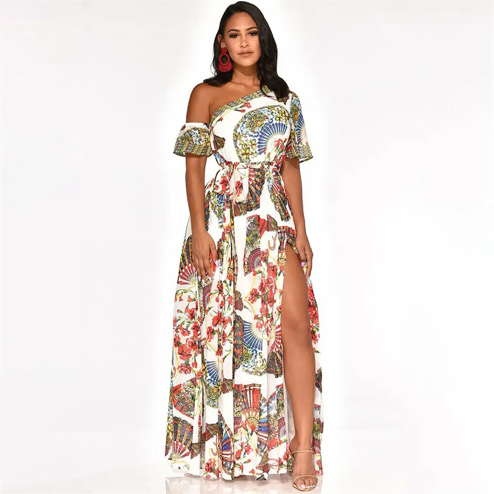Женское длинное платье макси в народном стиле с цветочным принтом на одно плечо