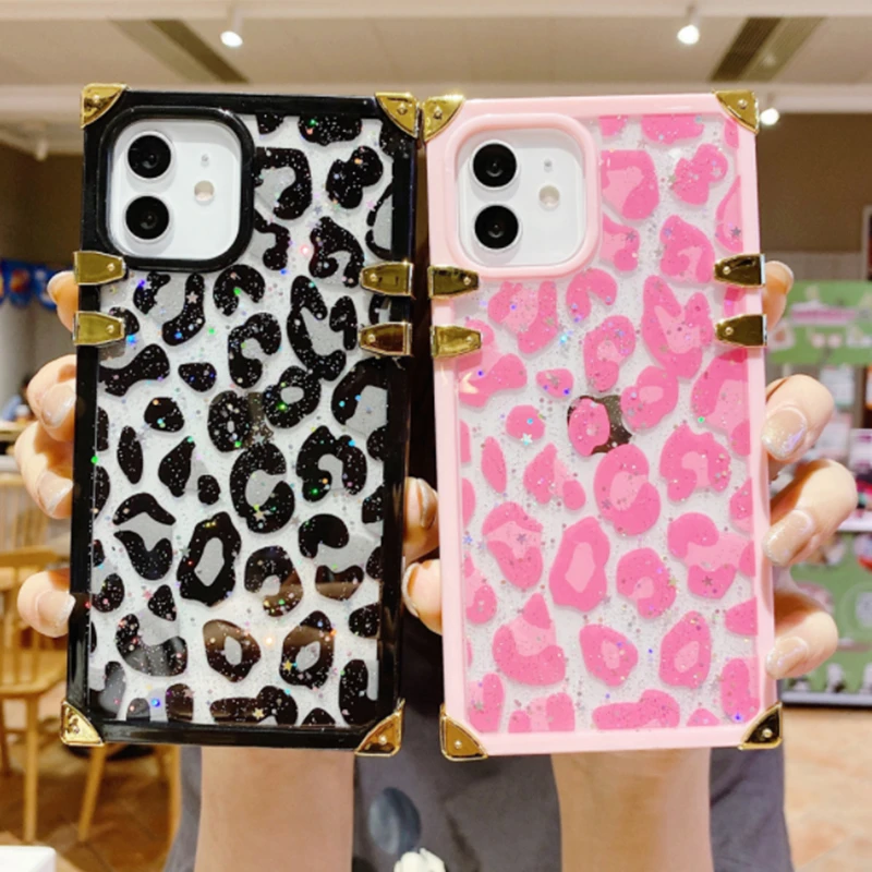 

Luxury Square Leopard Print Phone Case For iPhone 12Pro Max 11 XR XS Max 7 8 Plus Glitter Leopard Pattern Transparent Soft Cover