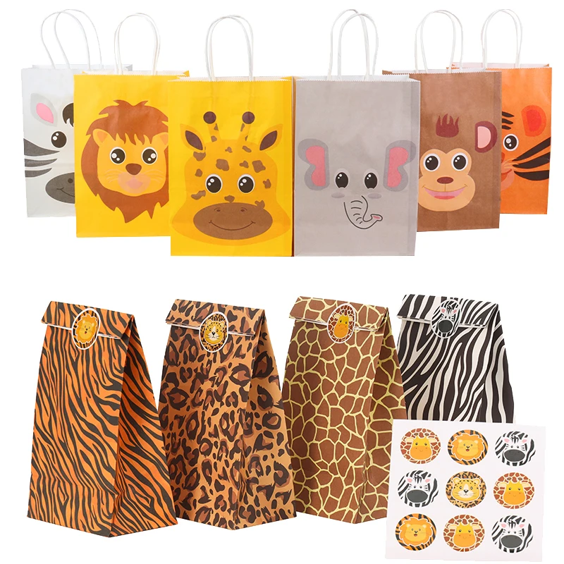 

12Pcs Jungle Safari Animals pattern Gift Bags With Handle Paper Handbags Kids Birthday Party Decoration Boys Party Supplies