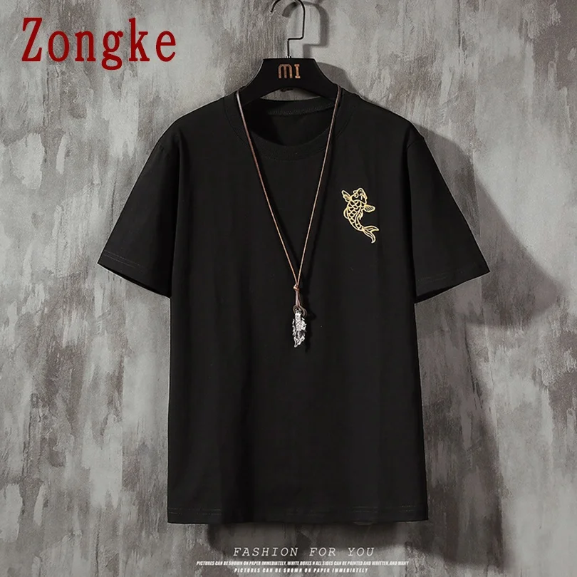 

Zongke Brocade Carp Print Cotton T-Shirt Men Harajuku Streetwear Tshirt Men Clothing Summer Hip Hop 5XL 2021 New Arrivals