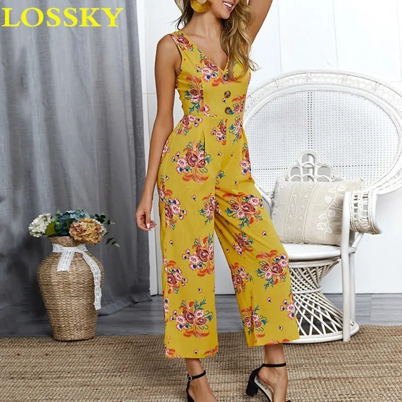 Пляжный комбинезон в стиле бохо с цветочным принтом сексуальный v образным