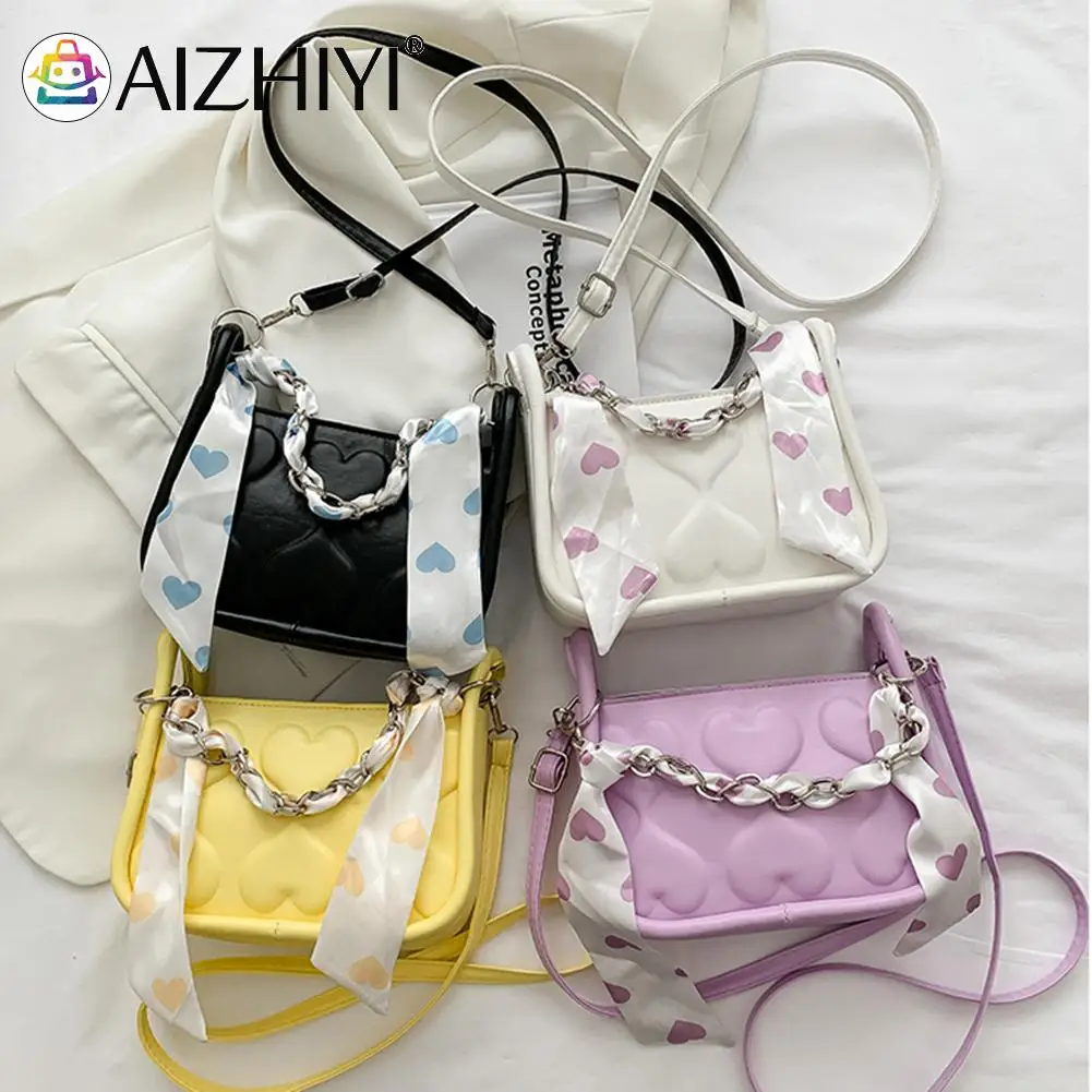 

Fashion Women PU Leather Love Embossed Solid Color Shoulder Crossbody Messenger Bag Casual Ladies Silk Scarf Chain Handbag Purse