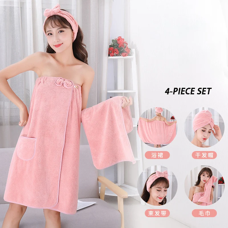 

4 Pcs / Set Bath Skirt Towels Microfiber Bath Towels with Magic Wipes Hair Hat Super Soft Skin-friendly Face Towels