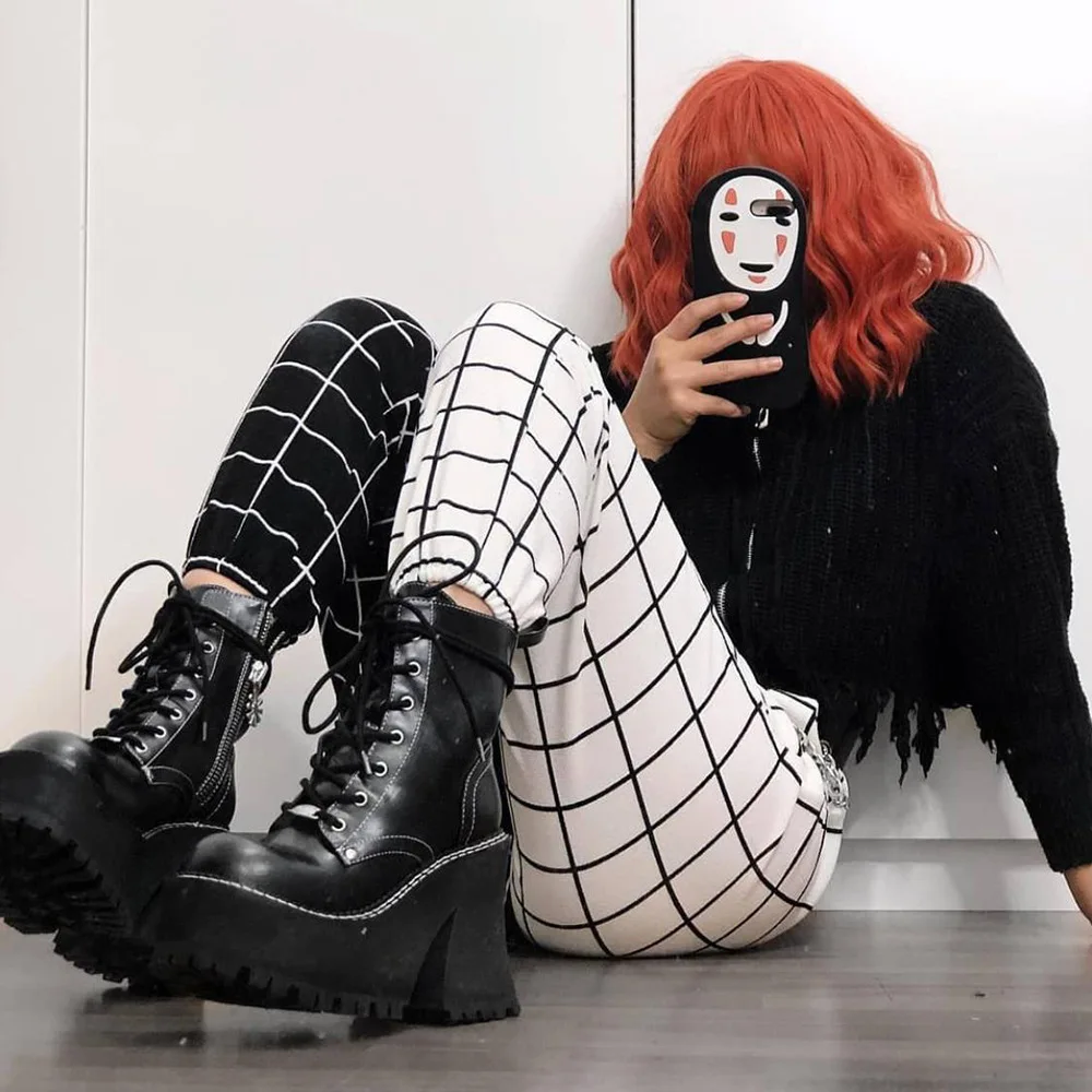 Брюки-карго женские в клетку стиле эмо уличная одежда черно-белую джоггеры с