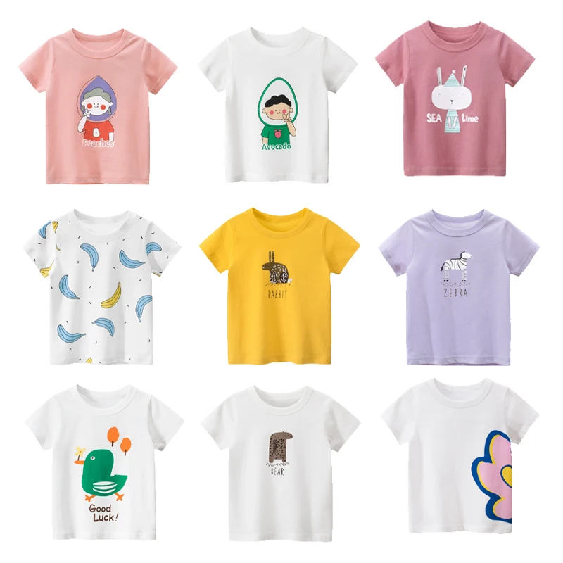 Girls cotton T-shirt children's top clothing short sleeve summer printed cartoon white yellow purple blu | Детская одежда и