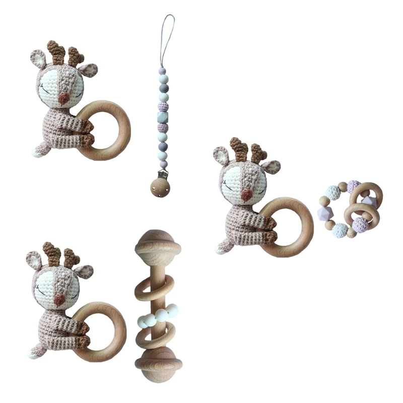 

Baby Pacifier Clip Chain Dummy Holder Wooden Teething Bracelet DIY Crochet Animal Deer Teether Infants Rattle Soother Molar Toy