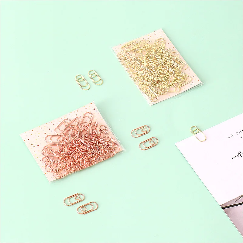 

50Pcs/Bag Cute Mini Heart Gold Rose Color Clip Bookmark Metal Office Accessories Paper Clips Patchwork Clip Stationery