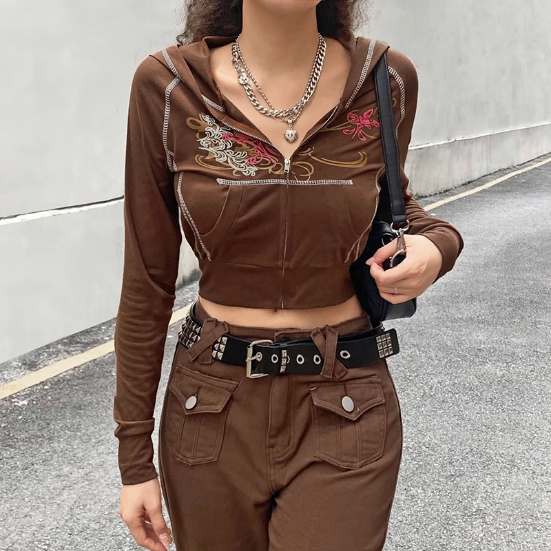 

Autumn Women Y2K Casual Cropped Hoodies Sweatshirts Ladies Female Vintage Retro Printed Long Sleeve Zipper Cardigan with Pockets