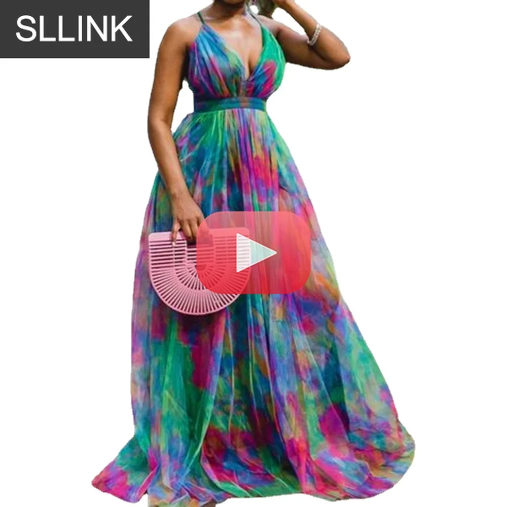 Color Block V-Neck Women Maxi Dress To Floor Long Beach Robe Plus Size African Party Holiday Summer Dresses Sexy Backless