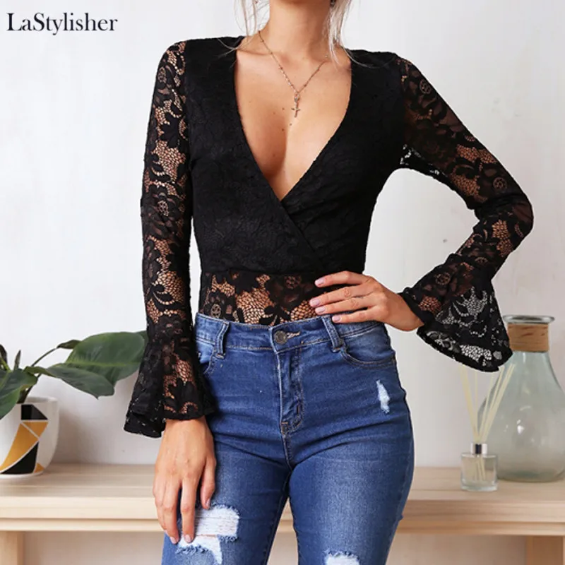 Женский комбинезон с расклешенными длинными рукавами черный и белый летний