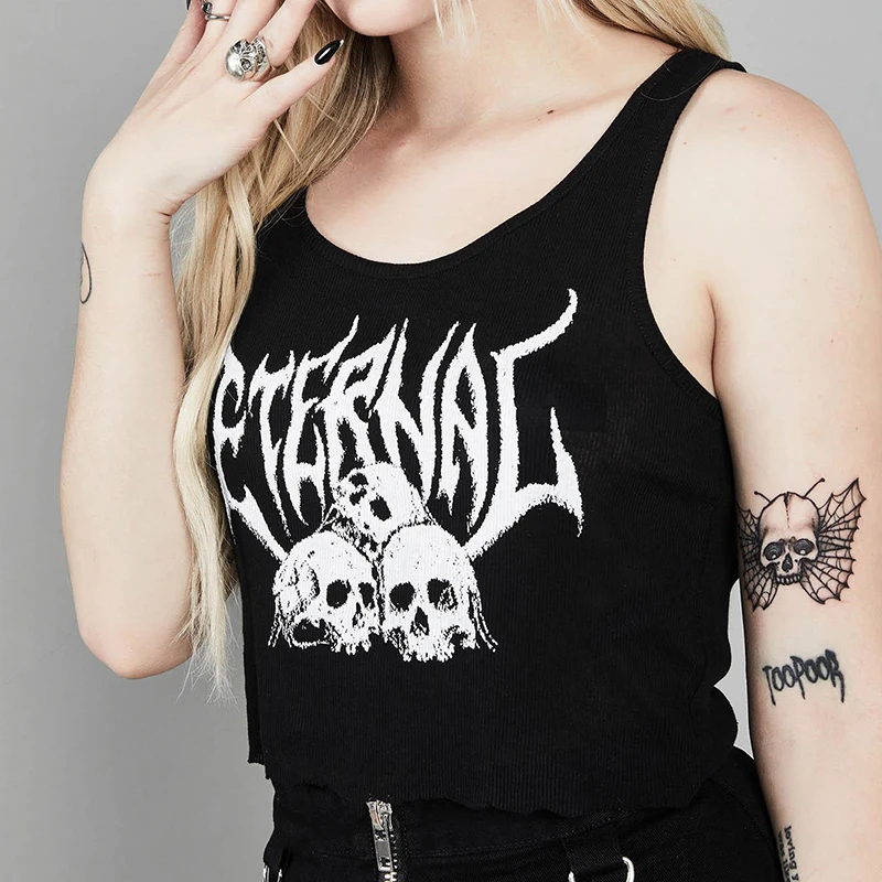 Готические черные женские свободные топы круглым вырезом и буквенным принтом