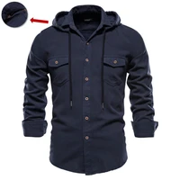 aiopeson spring and autumn new hoodied long sleeve shirt men solid color 100 cotton quality shirt for men casual mens shirts