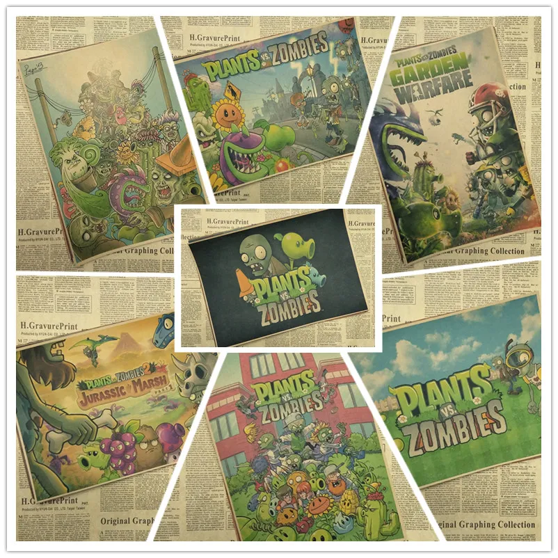 Растения против Зомби Классическая игра винтажный постер из крафт бумаги