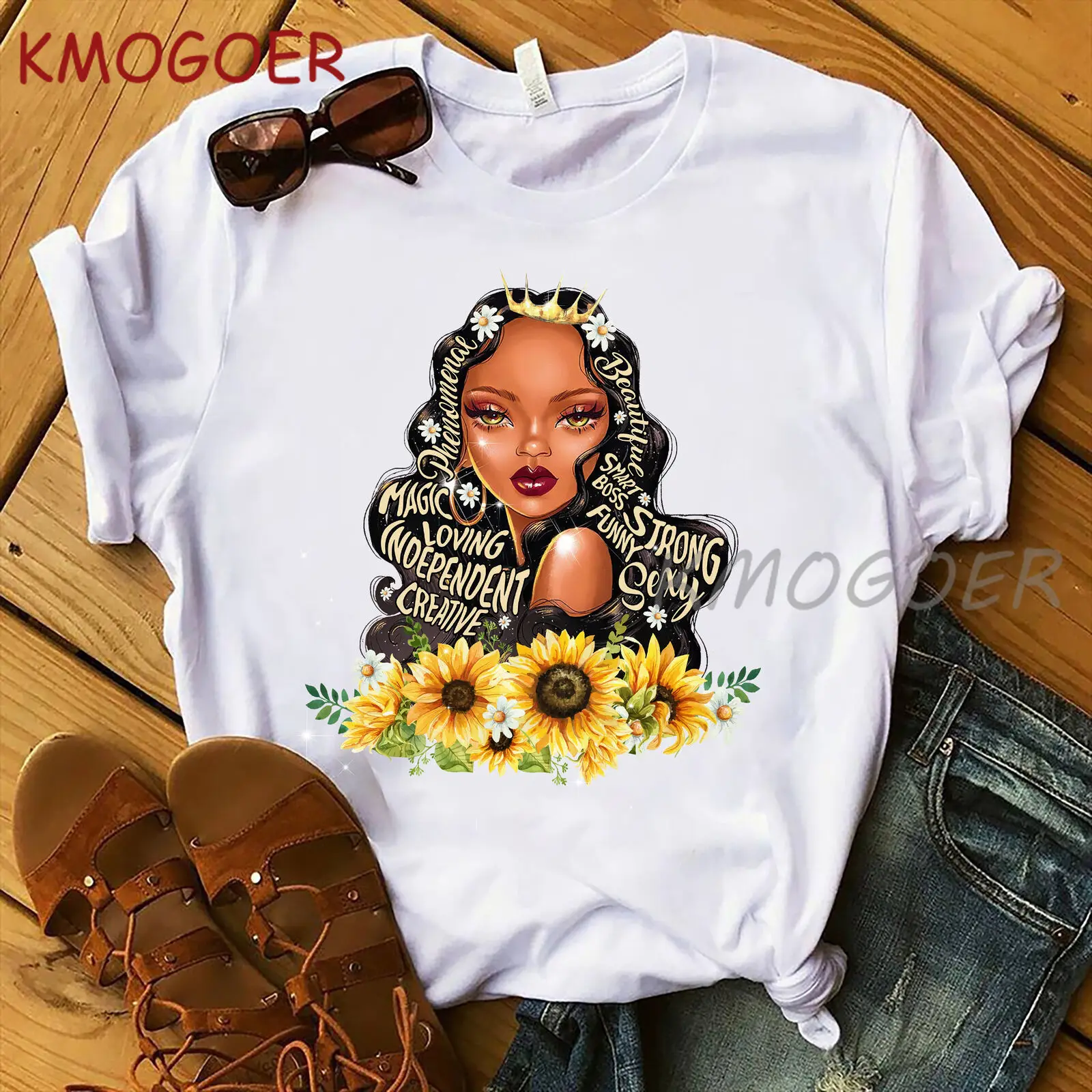 

Sunflowers Magic Black Girl Loving Independent Women T Shirt Cotton White Short Sleeve Tee Female Streetwear Fashion Clothes