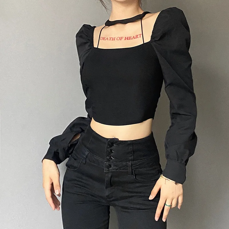 

2021 Gothic autumn women's solid color slim fit stitched open navel Square Neck Long Sleeve T-Shirt aesthetic clothes