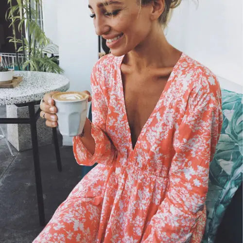 Летнее платье с цветочным принтом женские платья v-образным вырезом и длинными